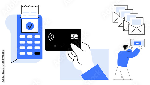 Hand holding contactless card near payment terminal, mail communication icons, and person viewing screen. Ideal for finance, e-commerce, technology, communication, business, marketing and simple