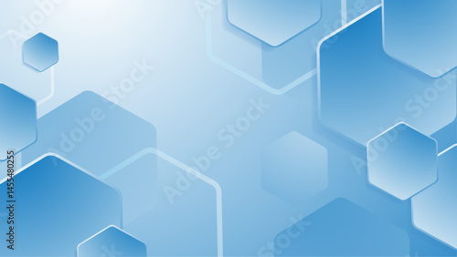 Overlapping blue hexagons on a light blue backdrop for technology, science, data, and geometric design projects needing a modern touch.