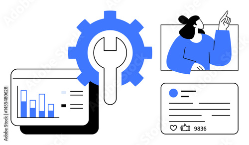 Wrench inside gear with social post, analytics, and graphic to explain tools and systems. Ideal for technology, social media, business productivity, data analysis, teamwork, workflow simple landing