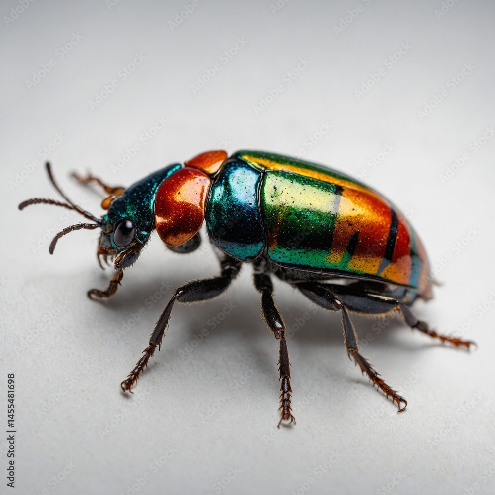 Fototapeta premium A colorful Amazonian beetle on a white lab table.