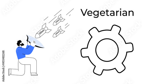 Man kneeling with shield protecting from labeled threats, large gear suggesting technology. Ideal for cybersecurity, defense, innovation, protection, problem-solving, minimalism, flat simple metaphor