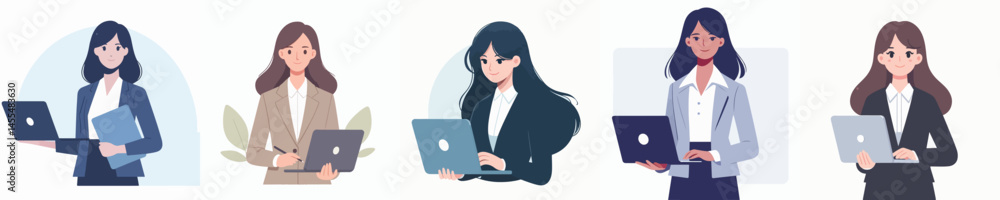 Set Vector of young career woman working using laptop Set Vector of young career woman working using laptop