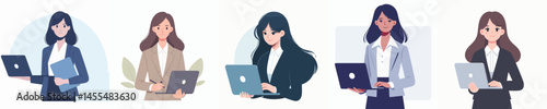Set Vector of young career woman working using laptop