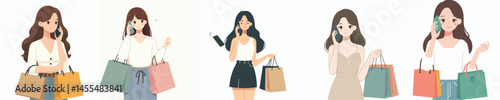 Vector of young woman shopping and receiving a phone call from someone