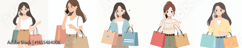 Vector of young woman shopping and receiving a phone call from someone