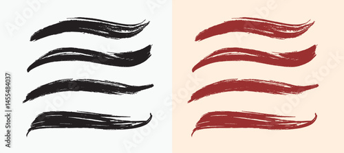  Brush line set. Vector calligraphy paint strokes. Vintage Chinese brushstrokes collection. Straight long hand drawn stripes background. Abstract black ink grungy lines, borders, emphasis underlines