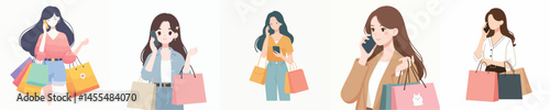 Vector of young woman shopping and receiving a phone call from someone