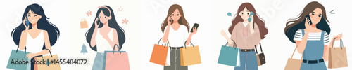 Vector of young woman shopping and receiving a phone call from someone