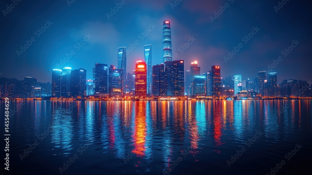 Fototapeta premium Shanghai Skyline at Night: A Dazzling Reflection