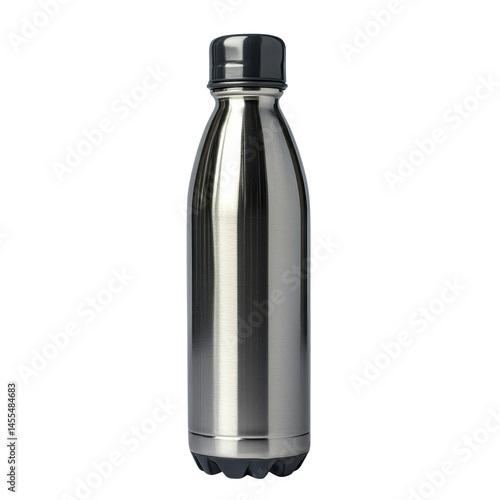 Stainless steel water bottle isolated on transparent background.