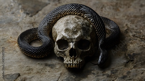 Wallpaper Mural Snake and Skull: A dramatic image of a snake coiled around an old, weathered skull.
 Torontodigital.ca