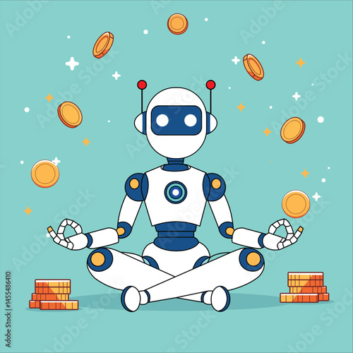 Cartoon robot balancing a great visual for personal balance and spending discipline meditation yoga.

