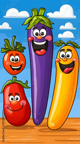 Happy vegetables smiling on wooden surface, sunny sky background; children's book illustration