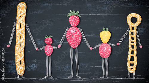 Happy family made of pastries and strawberries on chalkboard background. Perfect for food blogs, family-themed projects, or children's books