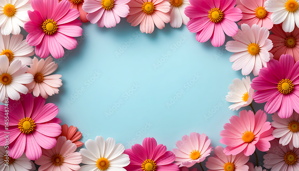 Pink and White Flowers Frame on Blue Background Pink and White Flowers Frame on Blue Background