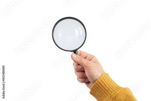 magnifying glass held by hand on white background