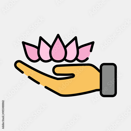 Icon lotus on hand. Buddhism and vesak elements. Icon in filled line style.
