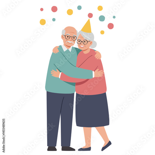 Elderly couple hugging at party - silver-haired pair sharing tender embrace amidst celebration, their faces glowing with joy and affection among dancing guests.