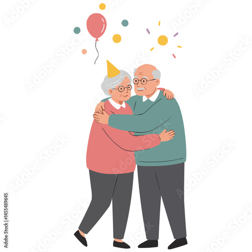 Elderly couple hugging at party - silver-haired pair sharing tender embrace amidst celebration, their faces glowing with joy and affection among dancing guests.