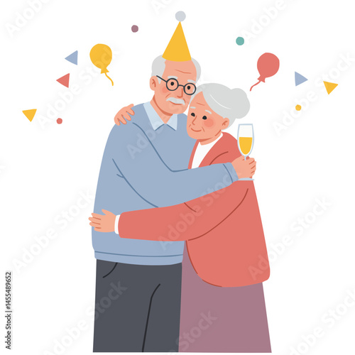 Elderly couple hugging at party - silver-haired pair sharing tender embrace amidst celebration, their faces glowing with joy and affection among dancing guests.