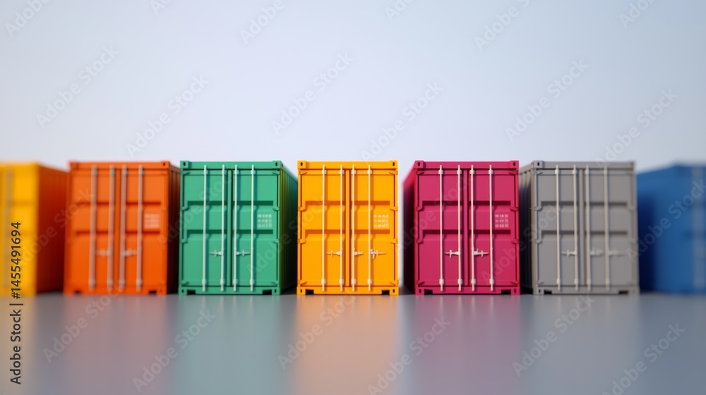 Fototapeta premium Colorful shipping containers aligned in a row on a minimalistic background.
