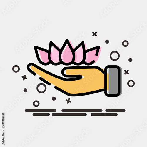 Icon lotus on hand. Buddhism and vesak elements. Icon in MBE style.