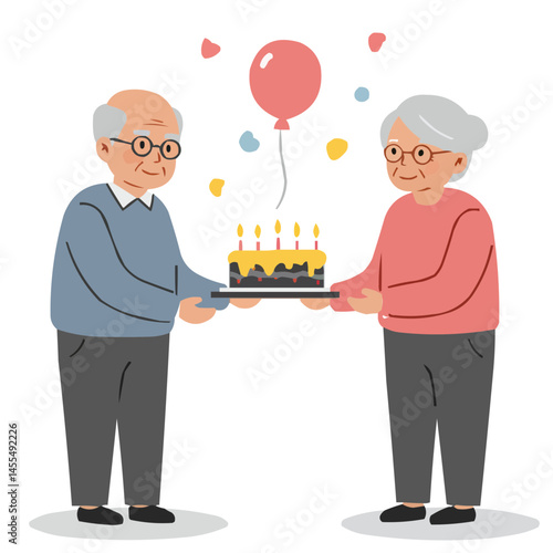 Elderly couple celebrating anniversary - silver-haired pair toasting with smiles in romantic setting, golden table reflections highlighting moment's warmth.