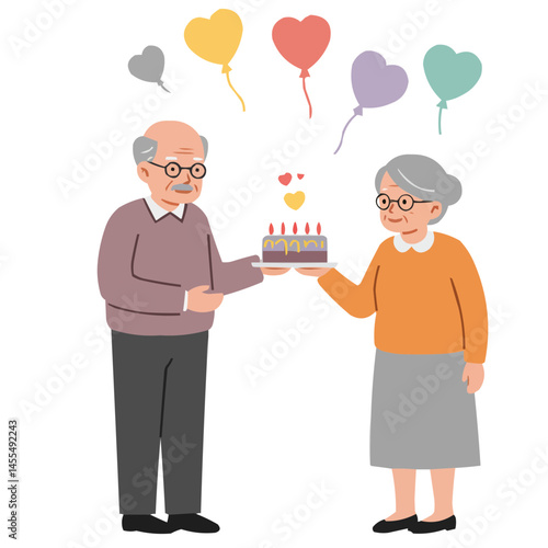 Elderly couple celebrating anniversary - silver-haired pair toasting with smiles in romantic setting, golden table reflections highlighting moment's warmth.