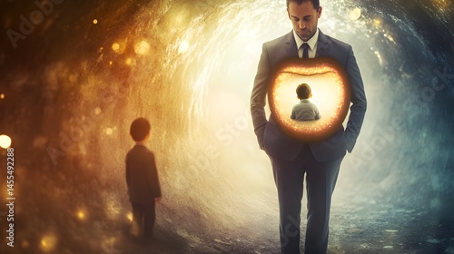 Man Carrying Inner Child Through Symbolic Tunnel