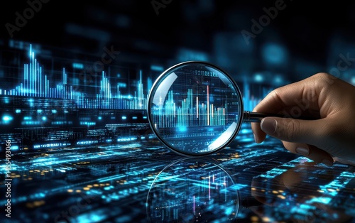 Hand holds magnifying glass over financial data.  Detailed digital graphs, charts, and lines are visible through the lens