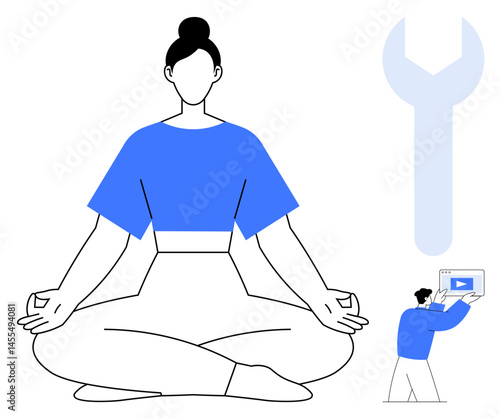 Woman sitting in yoga position representing calmness. Giant wrench highlights problem-solving. Man adjusting video symbolizes creativity. Ideal for mindfulness, productivity, wellness, tech