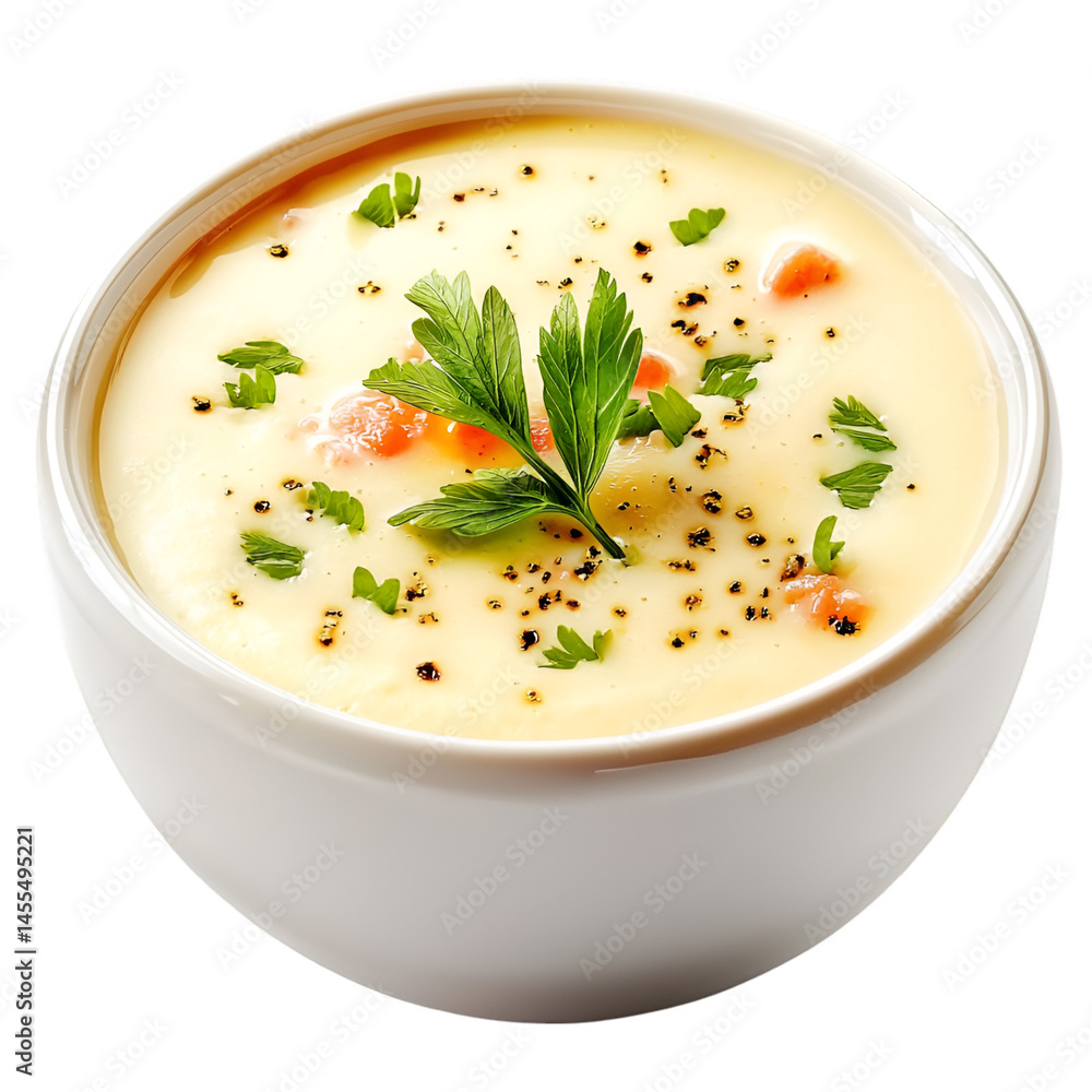 Bowl of creamy soup with herbs garnish warm comfort food PNG On Transparent Background Bowl of creamy soup with herbs garnish warm comfort food PNG On Transparent Background