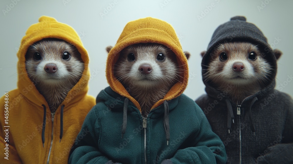 Fototapeta premium Three adorable ferrets in colorful hoodies, showcasing their playful personalities.