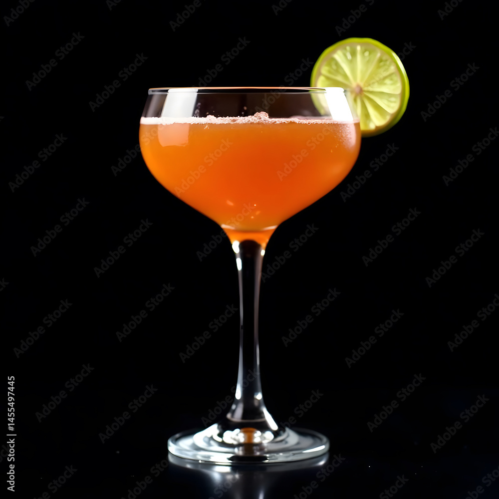 Elegant cocktail with lime garnish in a coupe glass on black background, perfect for bar promotions. Elegant cocktail with lime garnish in a coupe glass on black background, perfect for bar promotions.