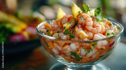 Fresh shrimp ceviche in a glass bowl, vibrant and delicious.