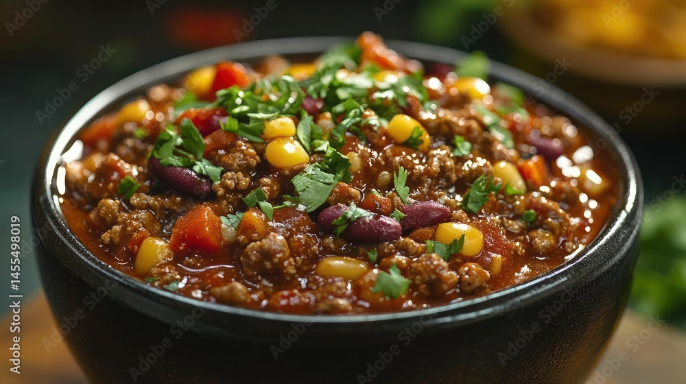 Hearty chili in a bowl, garnished with fresh herbs. Hearty chili in a bowl, garnished with fresh herbs.