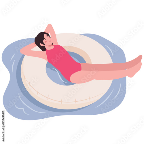 Summer Illustration. Vector illustration of A young woman relaxes on a water float, enjoying a peaceful and sunny moment on the water. Isolated on background