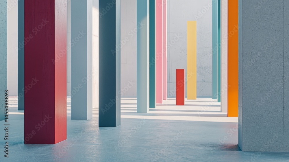 Vibrant pillars in a modern architectural space create a striking visual ambiance. Vibrant pillars in a modern architectural space create a striking visual ambiance.