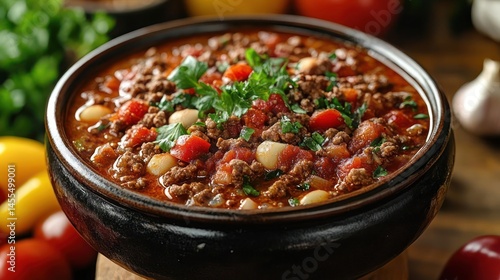 Hearty minced meat stew in a rustic bowl.
