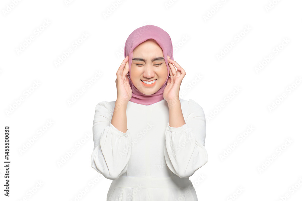 Young Asian Muslim woman pressing finger to temple, having headache, feeling depressed after work isolated on transparent background Young Asian Muslim woman pressing finger to temple, having headache, feeling depressed after work isolated on transparent background