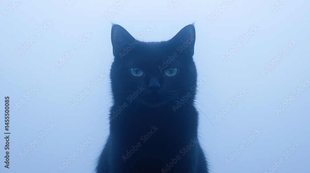 Obraz premium A black cat is silhouetted against a blue, misty background, staring directly at the camera with a calm and mysterious expression.