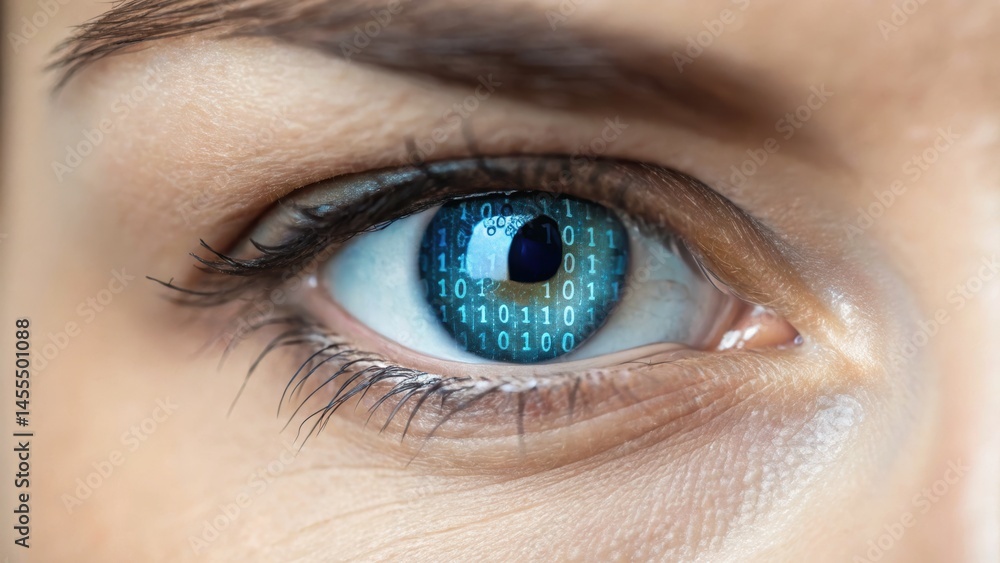 Obraz premium A close-up of an eye reflecting binary code, symbolizing the connection between technology and human perception.
