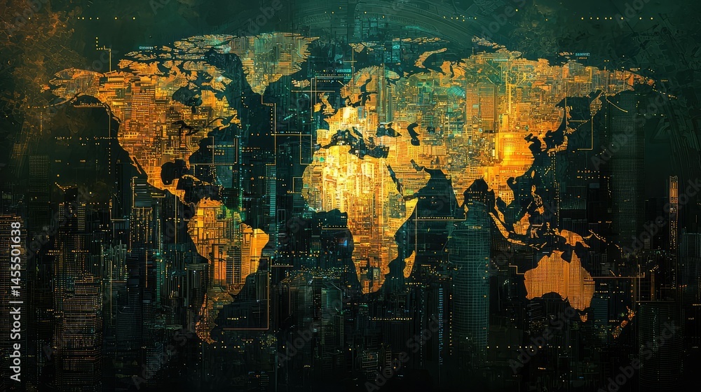 Obraz premium A world map featuring cybernetic megacities in 2100.