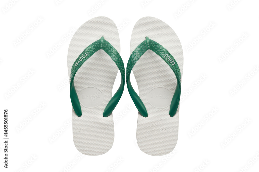 flip flops, white with green straps, Isolated on Background flip flops, white with green straps, Isolated on Background