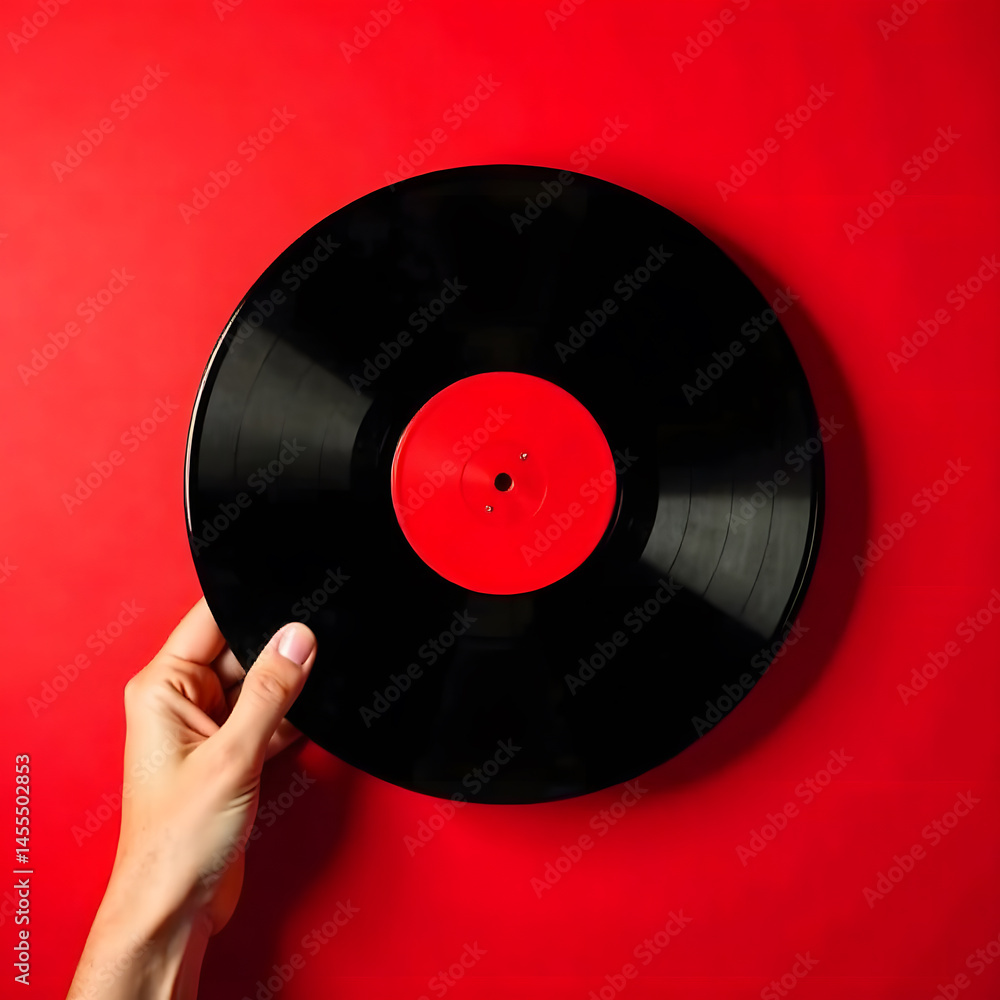Hand holding vinyl record against red background, symbolizing retro music vibe.