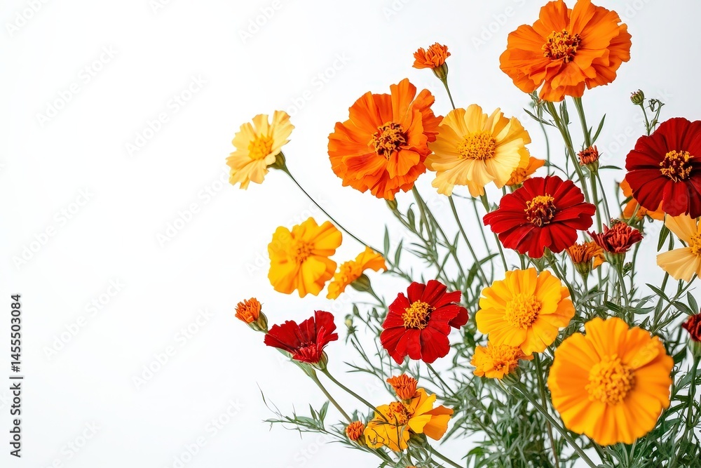Obraz premium Vibrant bouquet of marigolds against a plain background.