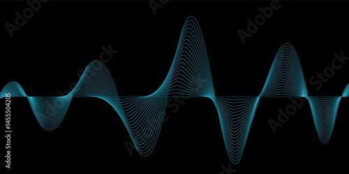 Abstract blue wavy lines of the sound wave. Dynamic gradient pulsating wave. Musical neon concept, symbols of the frequency of digital music. Vector illustration on a black background