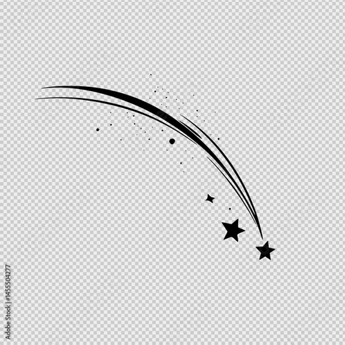 A minimalist black and white logo of a shooting star with a long, graceful trail arcing downward across the night sky. The design evokes a sense of fleeting beauty and elegance, with subtle pastel