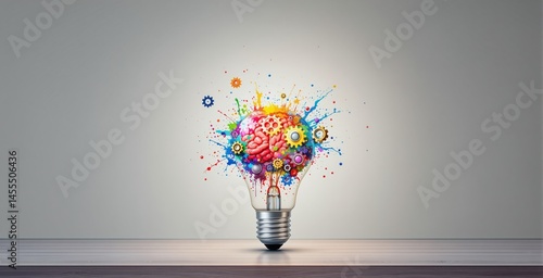 Colorful brain with gears inside light bulb, splashes of paint, on wooden table with soft gradient background, concept of imagination and creativity, Ai generative