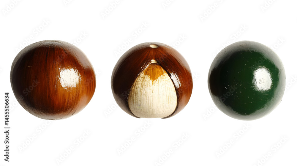 Obraz premium Three Isolated Spheres with Wooden Brown, Green Glossy Finishes on Black Background Photo